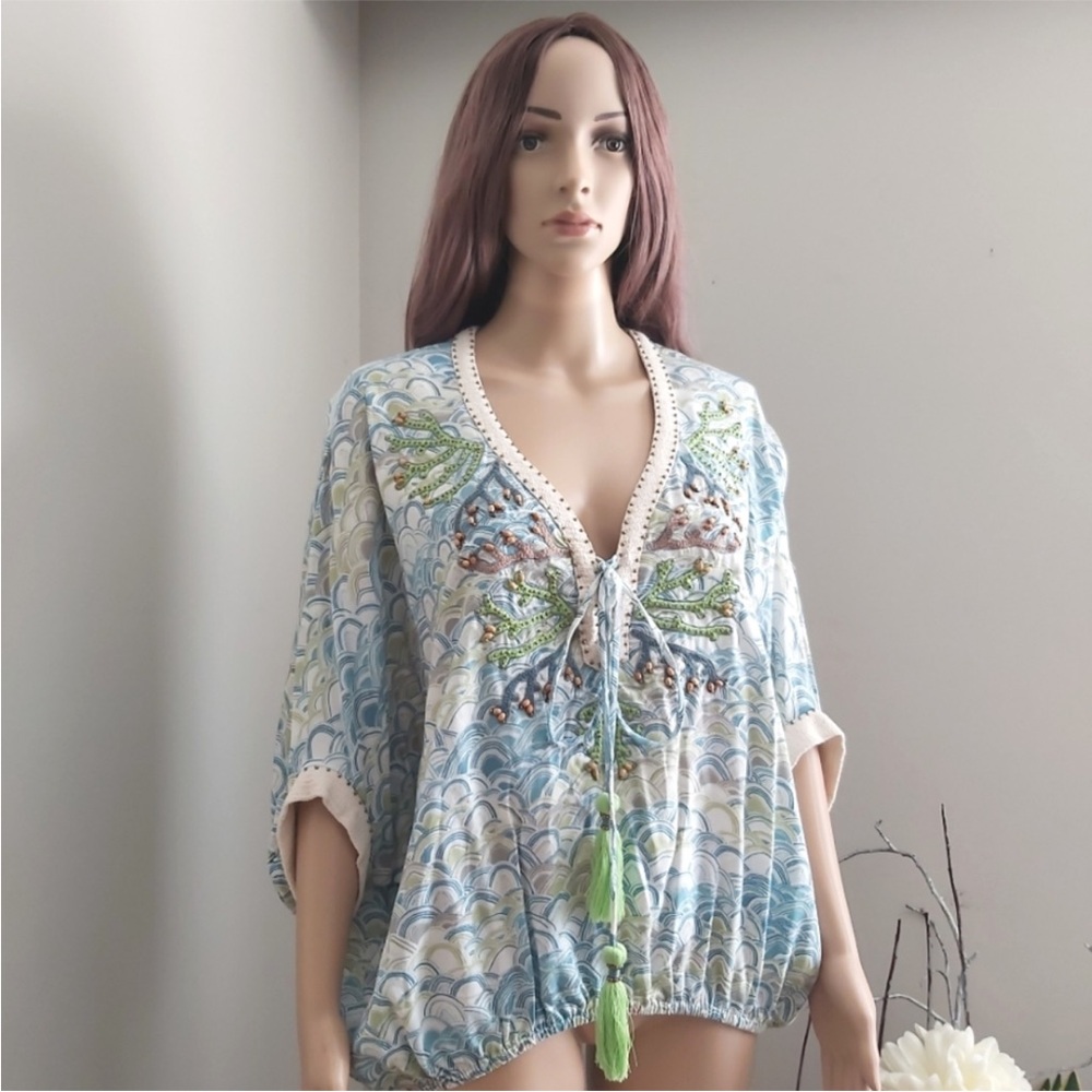 Skemo top tunic blouse blue green tassle coral rayon oversized ocean